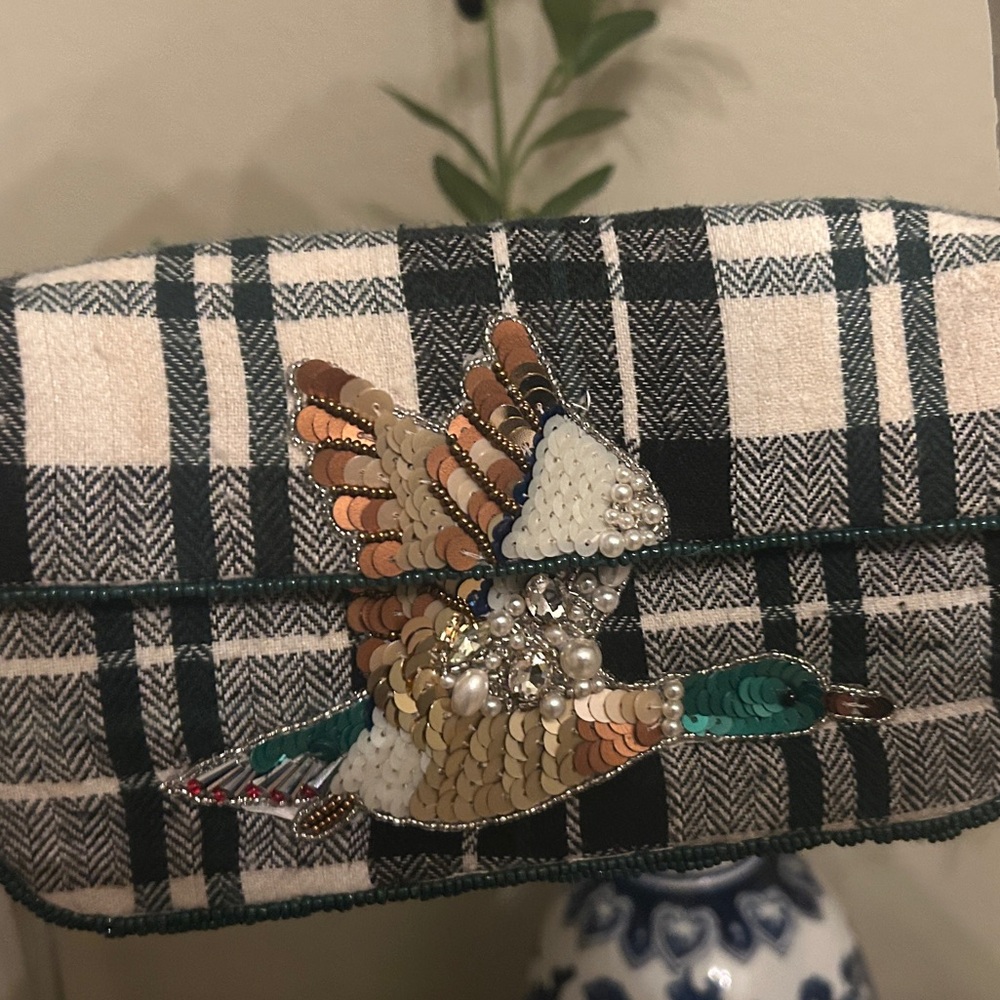 Anthropologie Elegant Beaded Plaid Clutch with Duck Embroidery